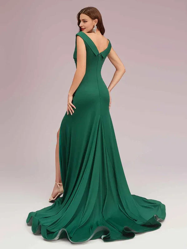 Weitese Dress Sexy V-neck Side Slit Maxi Dress Mermaid Graduation Sweep Brush Train Prom Dresses